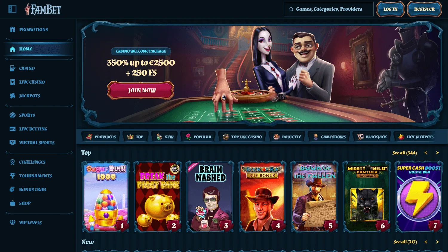 Fambet Casino desktop home screen with casino access and promotional content