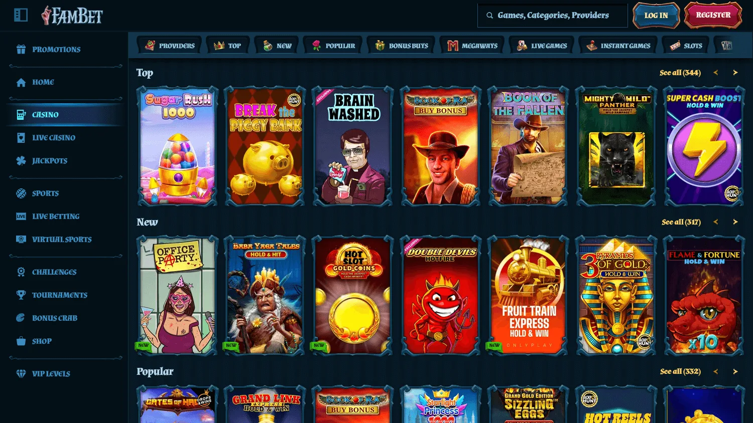 Fambet Casino desktop games area with pokies and casino categories