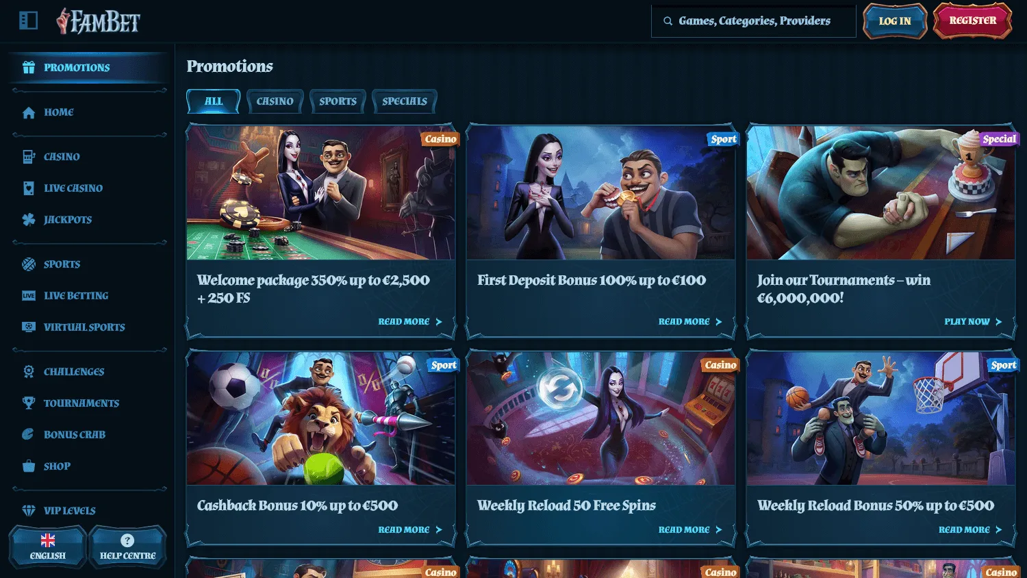 Fambet Casino desktop promotions area with welcome and promotional offers